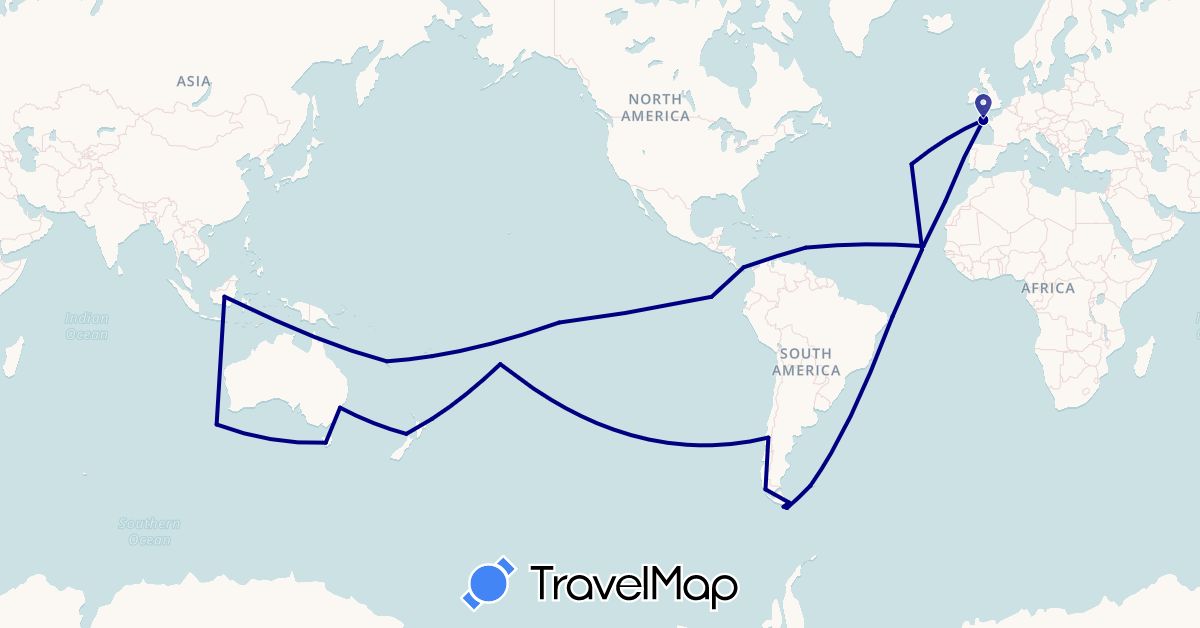 TravelMap itinerary: driving in Australia, Cook Islands, Chile, Cape Verde, Ecuador, Spain, Falkland Islands, France, Indonesia, Martinique, New Caledonia, New Zealand, Panama, French Polynesia, Portugal (Africa, Asia, Europe, North America, Oceania, South America)
